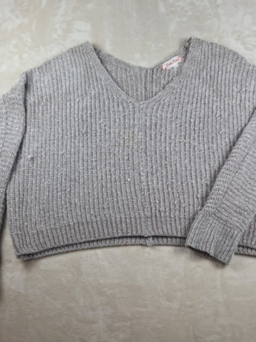 Pink Rose Gray Chenille Knit V-Neck Cropped Sweater Size Large Soft Cozy